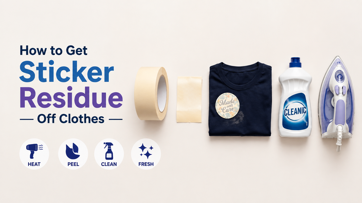 Flat lay of cleaning supplies for removing sticker residue from clothes: masking tape, a piece of tape, navy blue t-shirt with a decorative sticker, laundry detergent bottle, and electric iron on a table