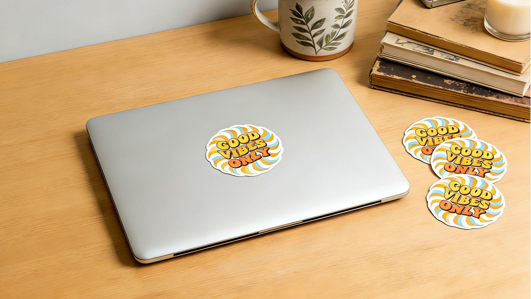 Laptop on a desk with your designed 'Good Vibes Only' custom stickers