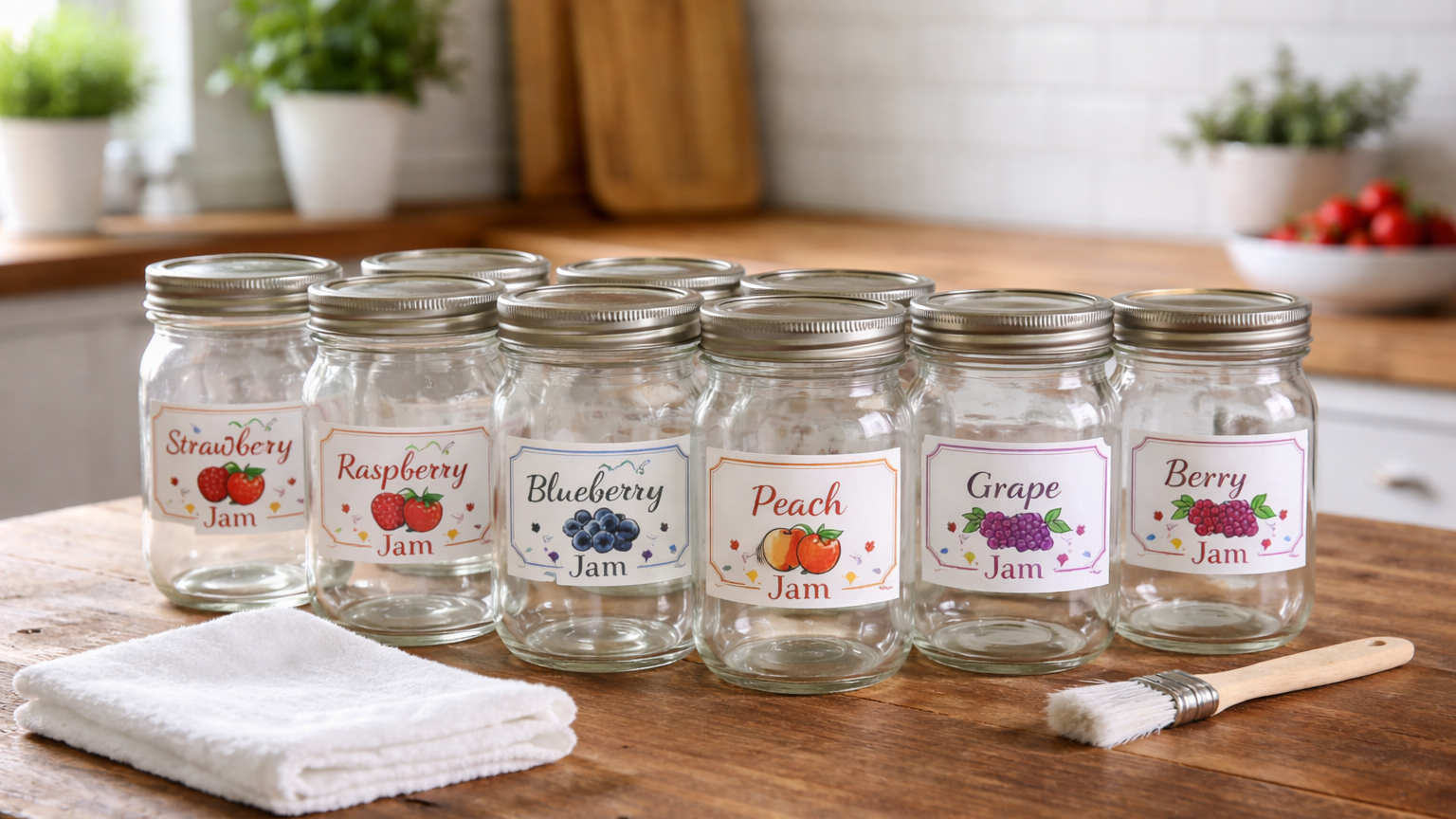 Glass jam jars with labels arranged on a rustic wooden table, alongside a towel and brush, for a step-by-step tutorial on removing sticker residue from glass.