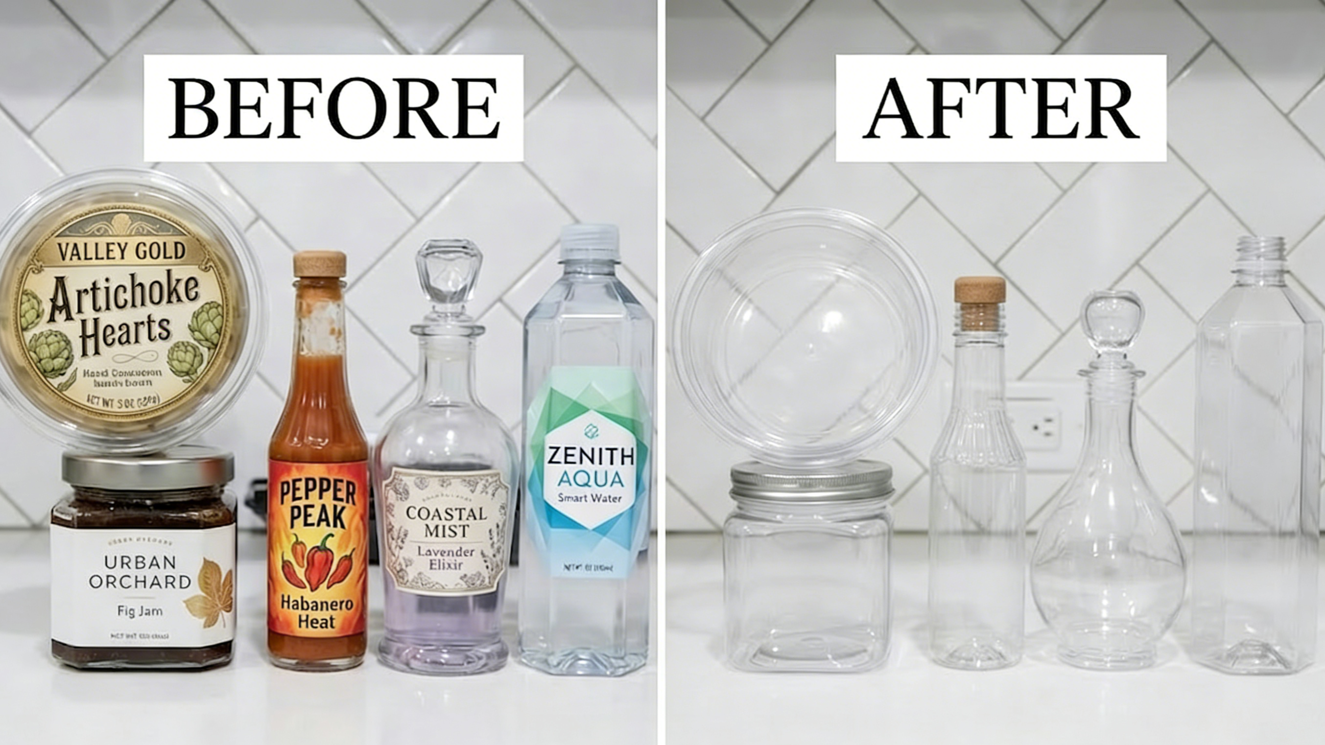Before and after examples of removing sticker glue from glass and plastic containers.