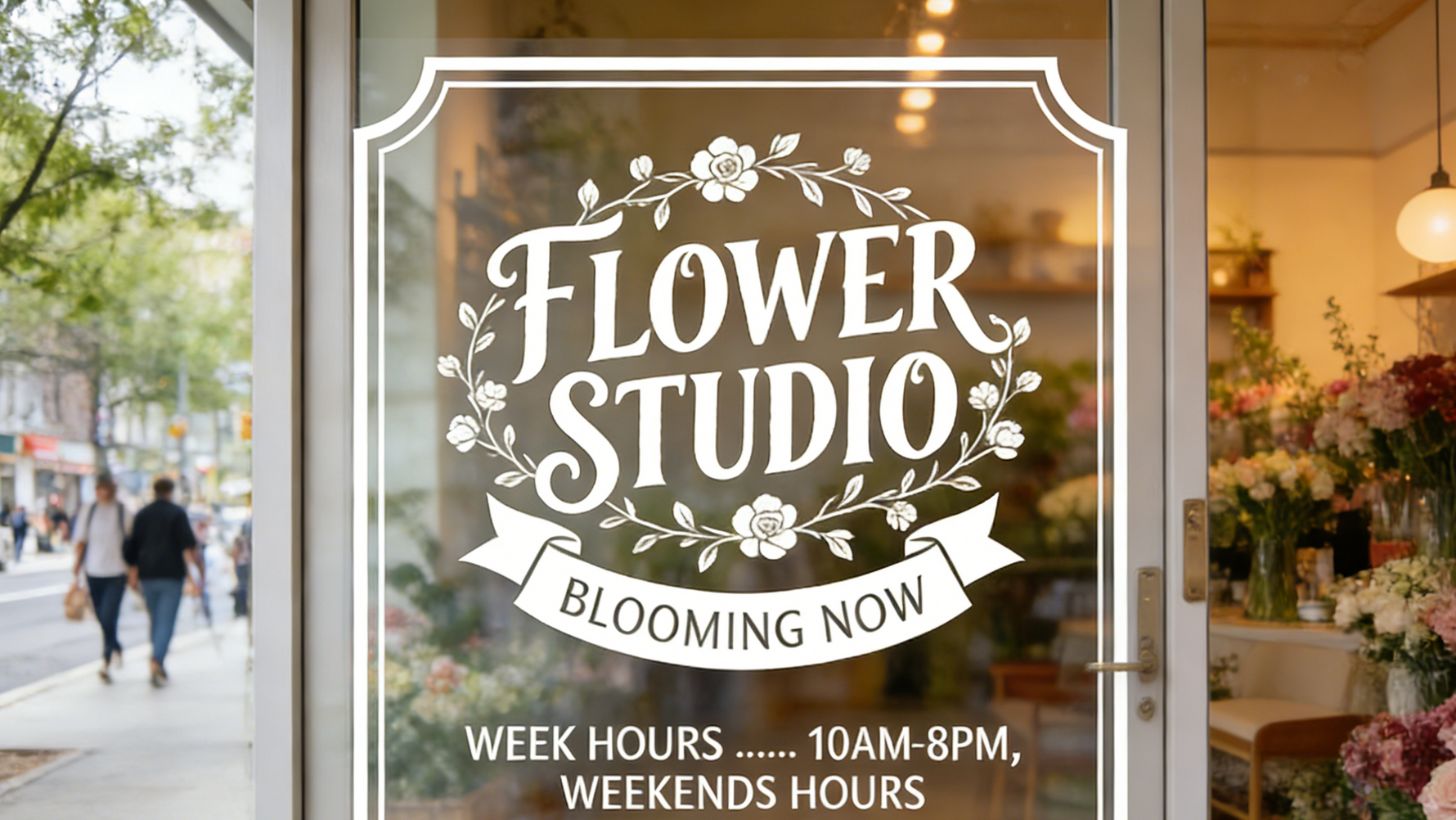 Custom window sticker on a flower shop storefront for a guide about stickers and labels by use.