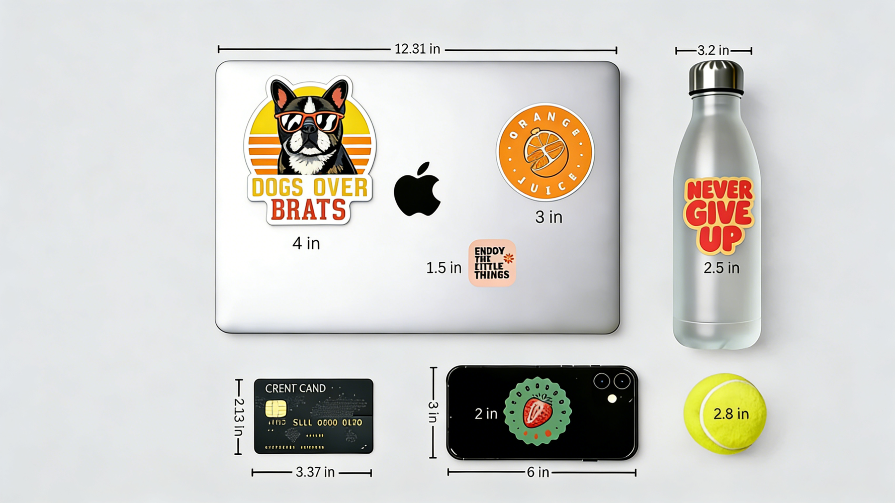 Custom stickers shown in different sizes on a laptop, water bottle, phone, and round label.