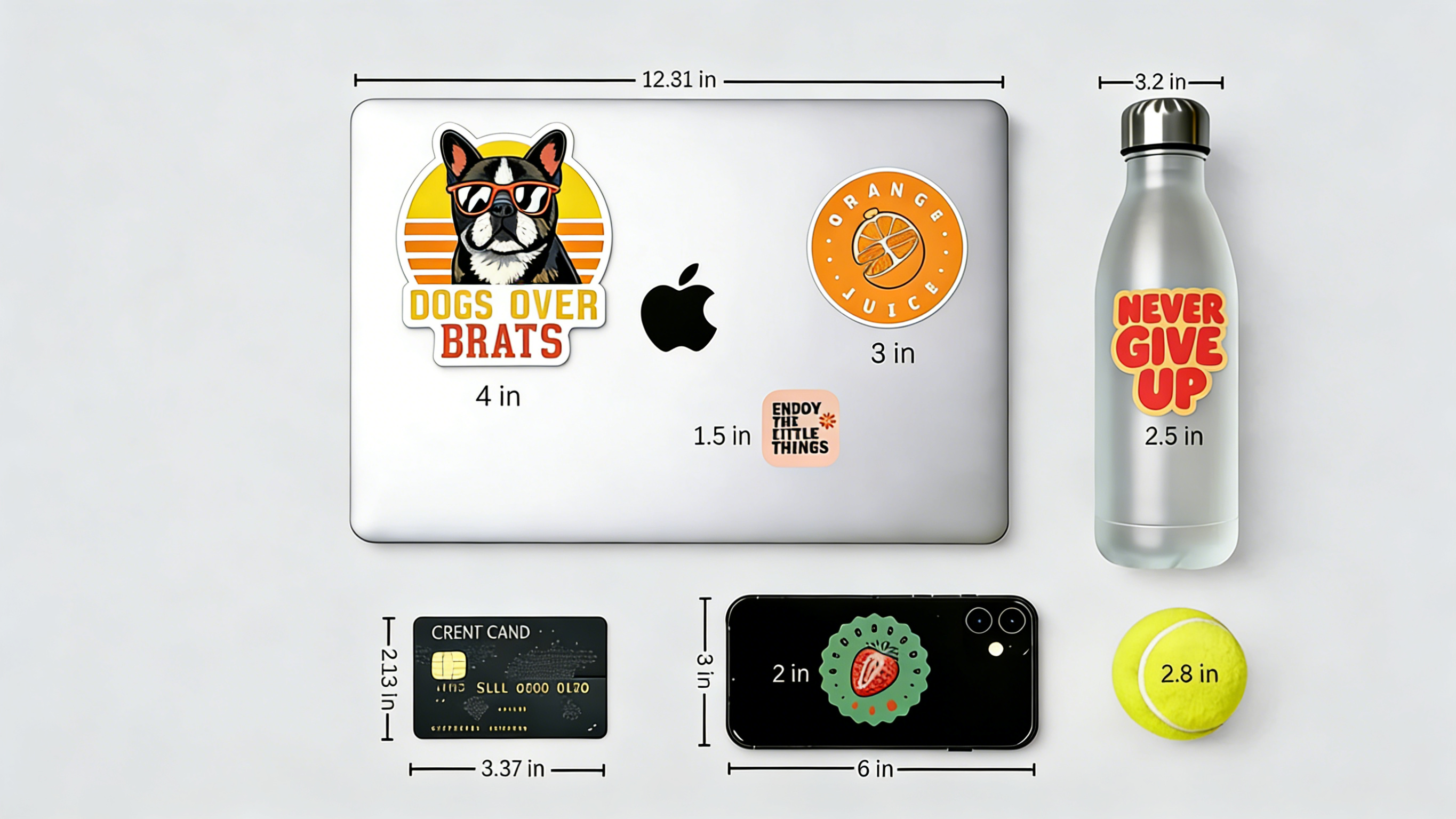 Custom stickers shown in different sizes on a laptop, water bottle, phone, and round label.