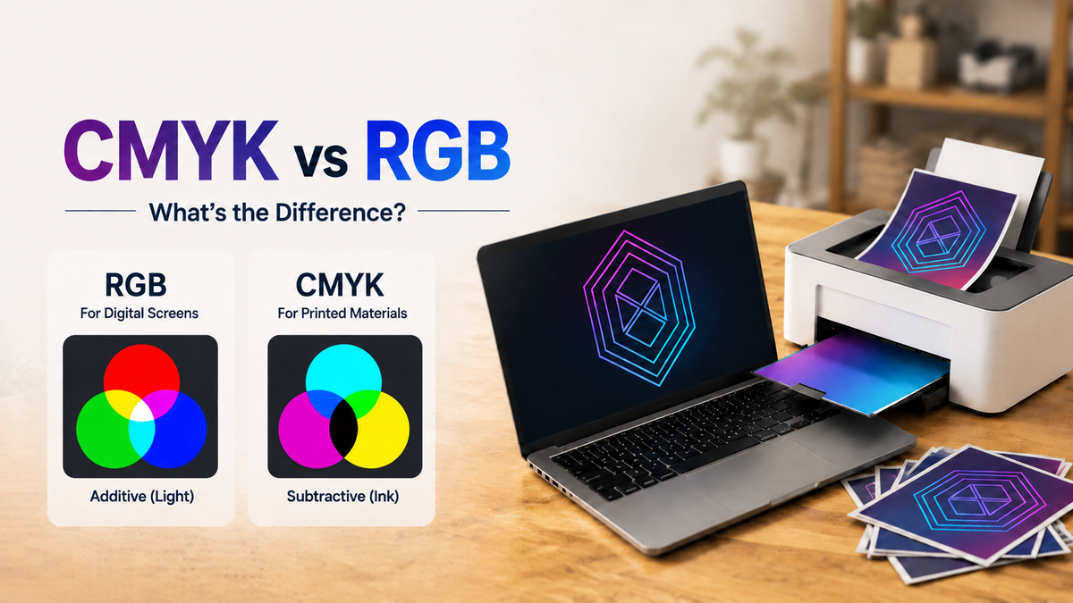 Laptop displaying a colorful geometric design in RGB next to a printer producing CMYK prints on a wooden table, illustrating the difference between CMYK and RGB color modes.