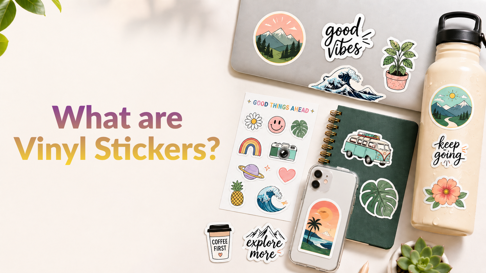 What are Vinyl Stickers? Showcasing colorful die-cut stickers applied to a laptop, water bottle, notebook, phone case, and sticker sheet