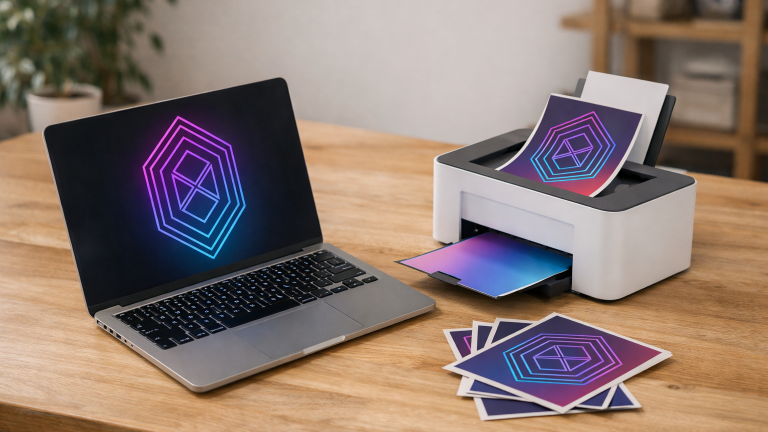 Laptop displaying a colorful geometric design in RGB next to a printer producing CMYK prints on a wooden table, illustrating the difference between CMYK and RGB color modes.