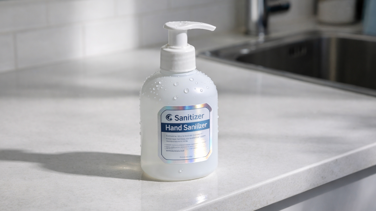 Durable White Waterproof Vinyl Sticker Demonstrated On A Wet Hand Sanitizer Pump Bottle In A Kitchen