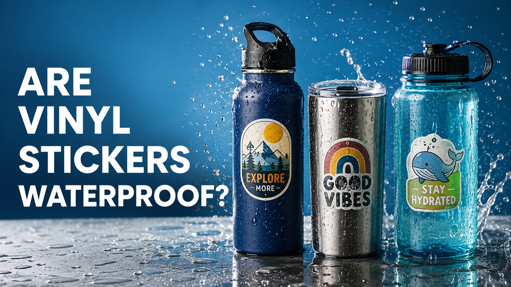Waterproof vinyl stickers applied to reusable water bottles and tumblers