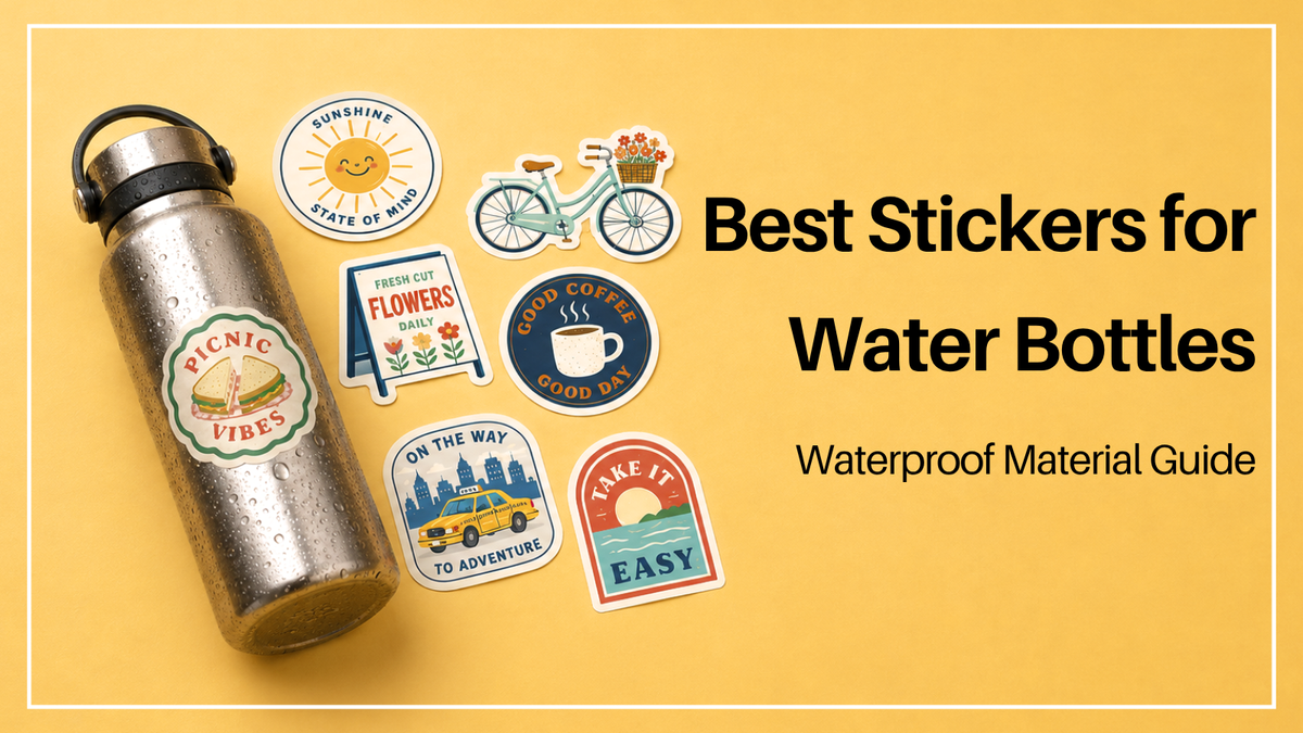 Water bottle with waterproof stickers and sticker designs for a water bottle material guide