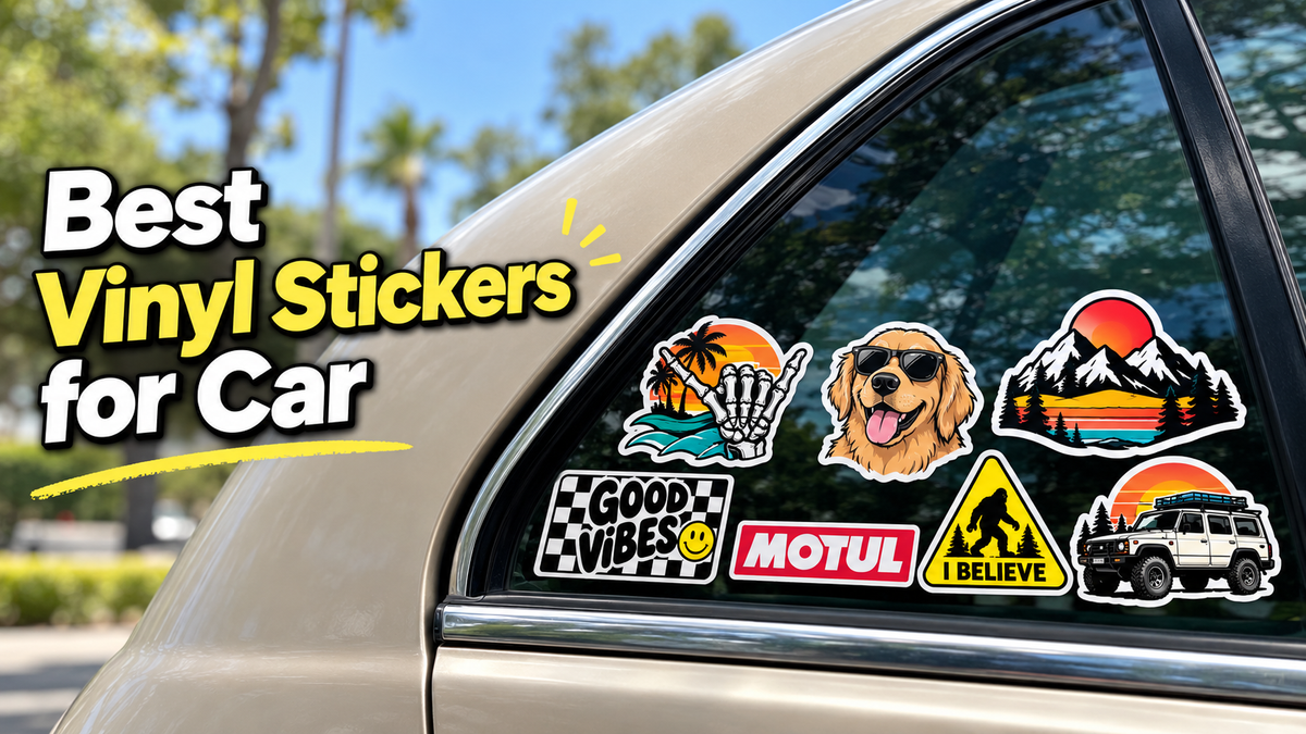 Best vinyl stickers for cars displayed on a car window with colorful custom decal designs.