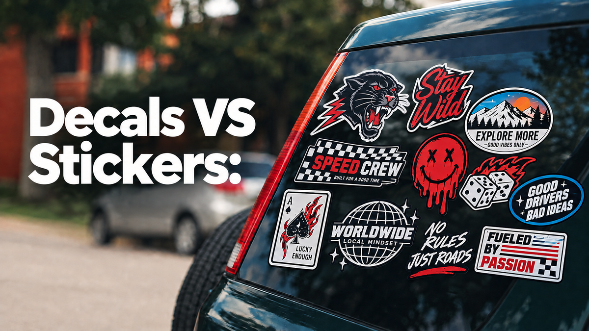 Vinyl decals vs stickers displayed on a car window