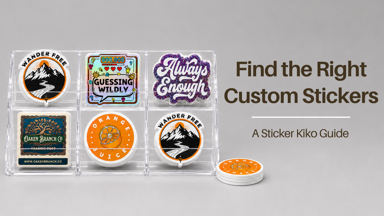 Sticker Kiko guide cover showing different custom stickers in an acrylic organizer to help customers choose the right sticker type.