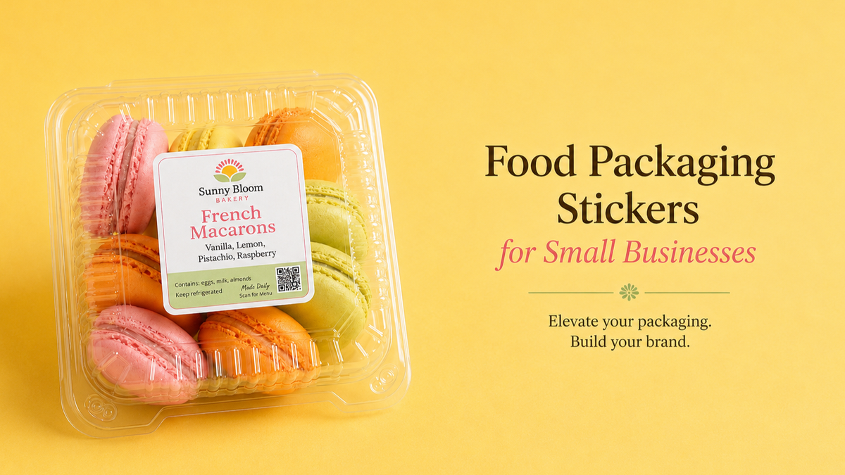 Food packaging stickers with custom labels on a bakery macaron box for small businesses