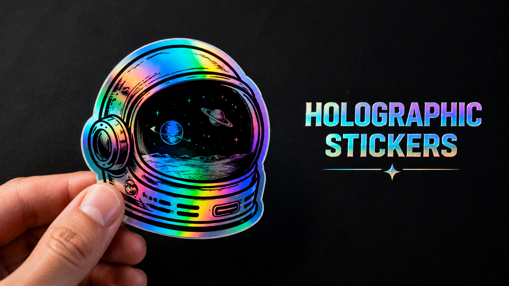 Hand holding a custom astronaut holographic sticker showing a rainbow color-shifting effect.
