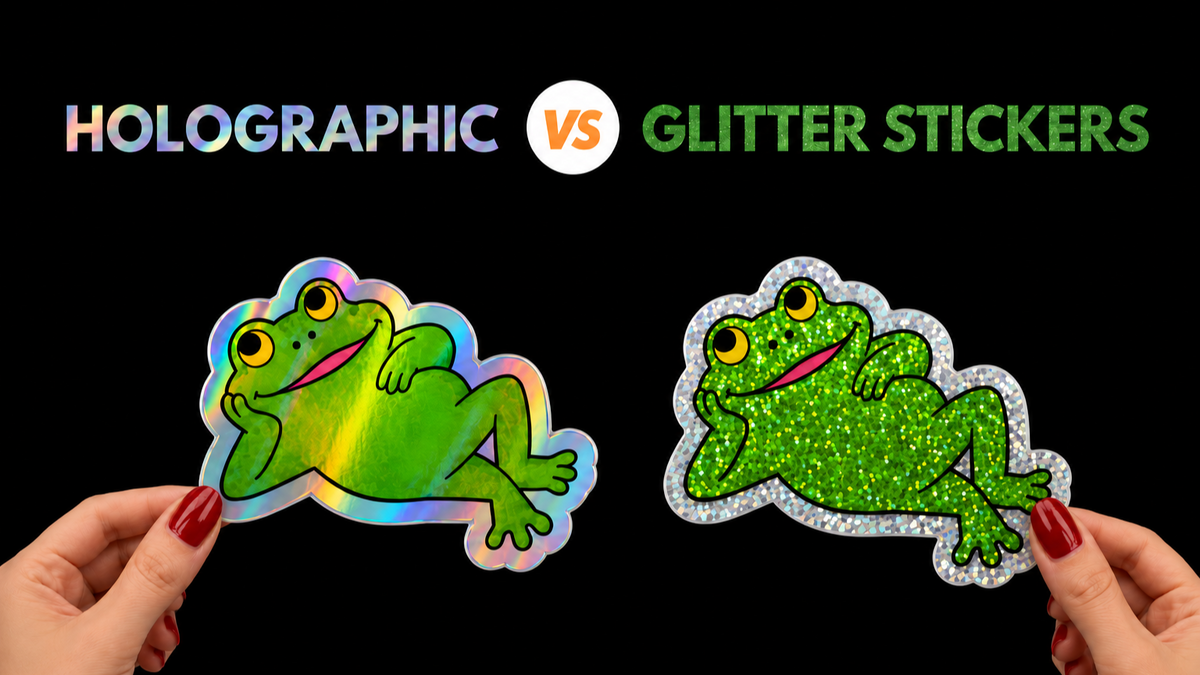 holographic and glitter stickers side by side showing rainbow-shift and sparkly finishes