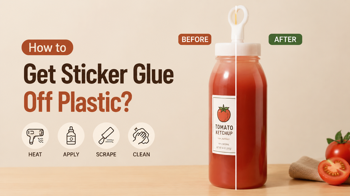 Before and after comparison showing how to remove sticker glue residue from a plastic bottle