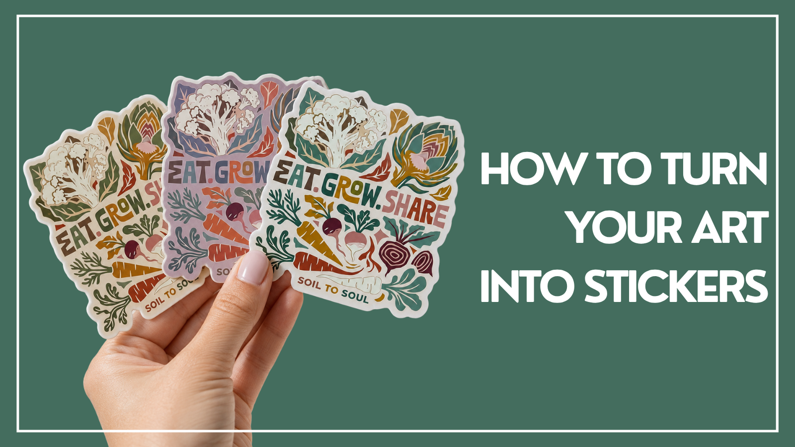 Hand holding custom art stickers for a guide on turning artwork into stickers.