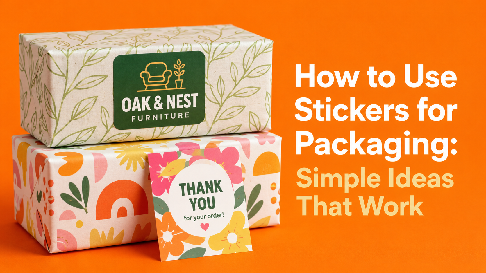 How to Use Stickers for Packaging blog cover showing branded packaging boxes with decorative stickers and a thank-you label on an orange background.