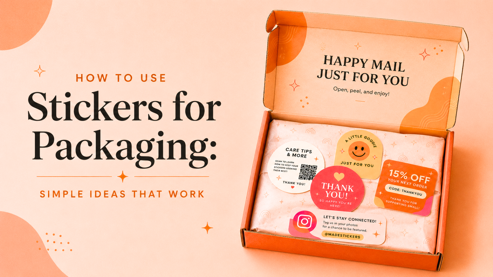 Open mailer box with colorful packaging stickers arranged inside, showing simple ways to use stickers for packaging.