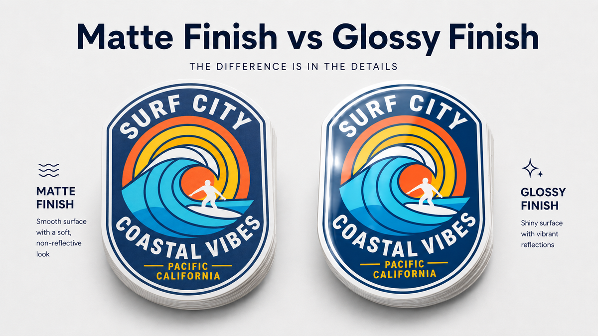 Matte finish vs glossy finish stickers showing the difference between smooth matte and shiny glossy surfaces.