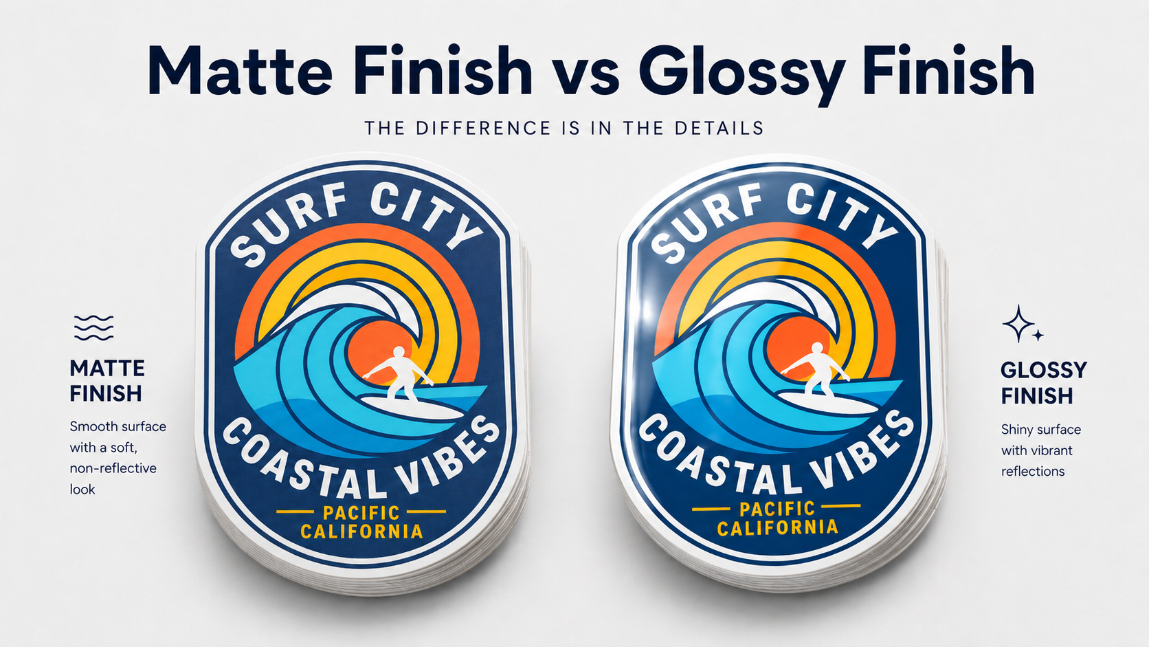 Matte finish vs glossy finish stickers showing the difference between smooth matte and shiny glossy surfaces.