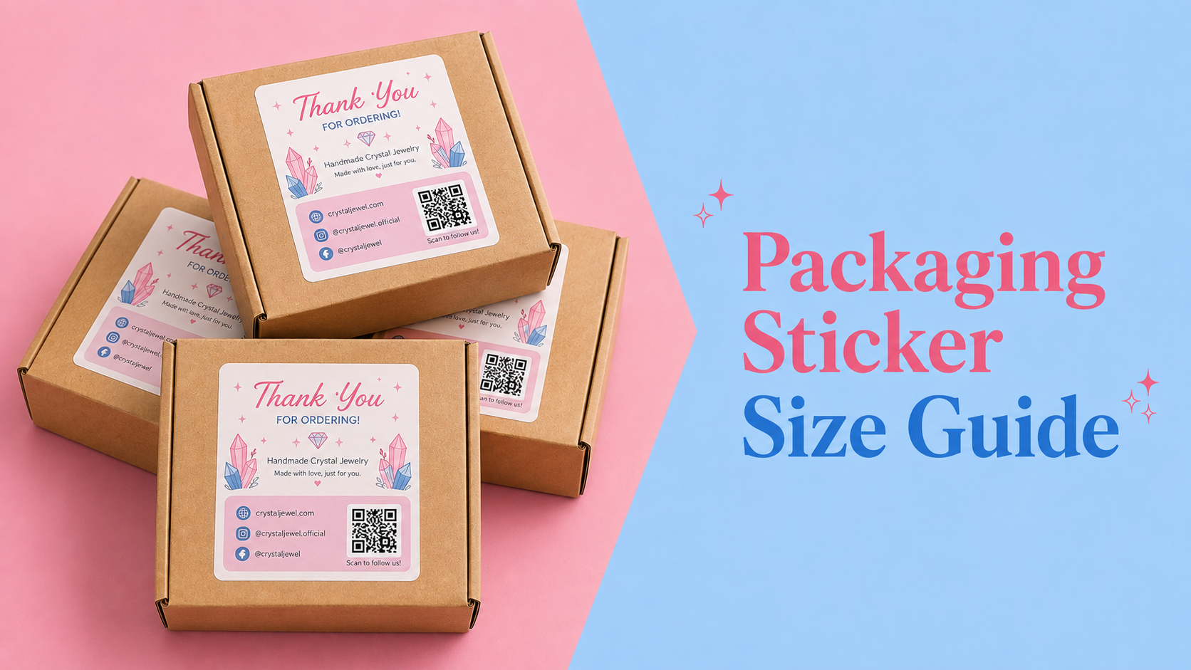 Packaging sticker size guide featuring CrystalJewel thank-you labels with QR codes on kraft jewelry boxes.