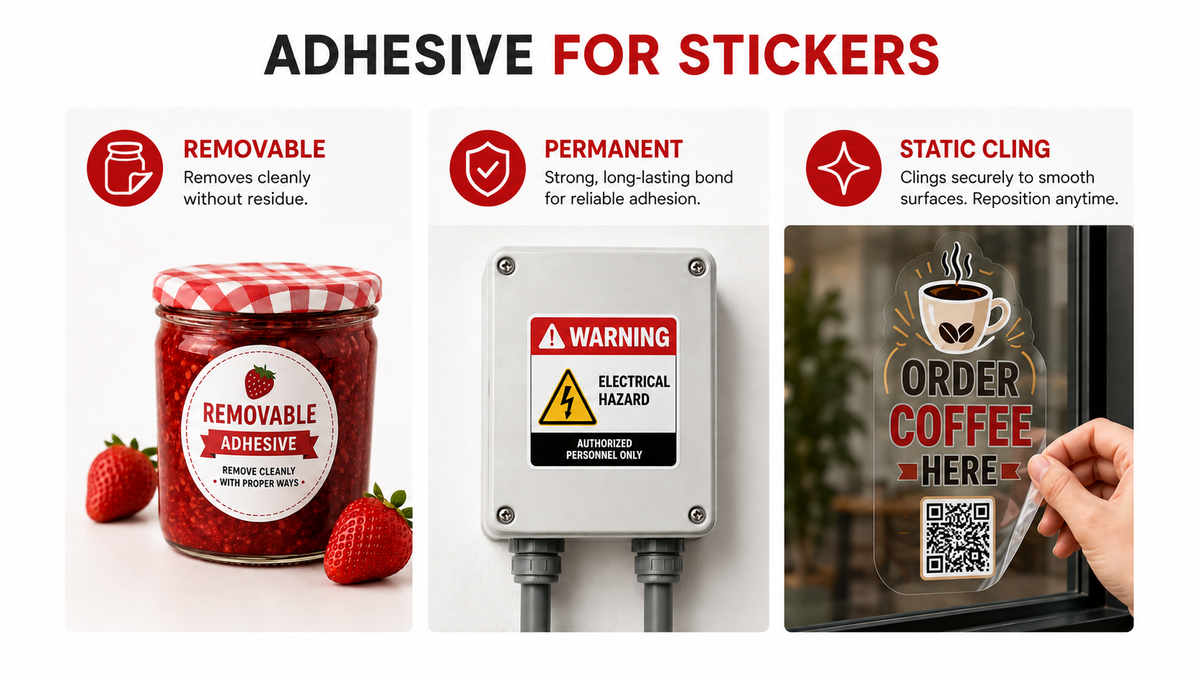 Sticker adhesive types comparison: permanent, removable, and static cling for different sticker applications.