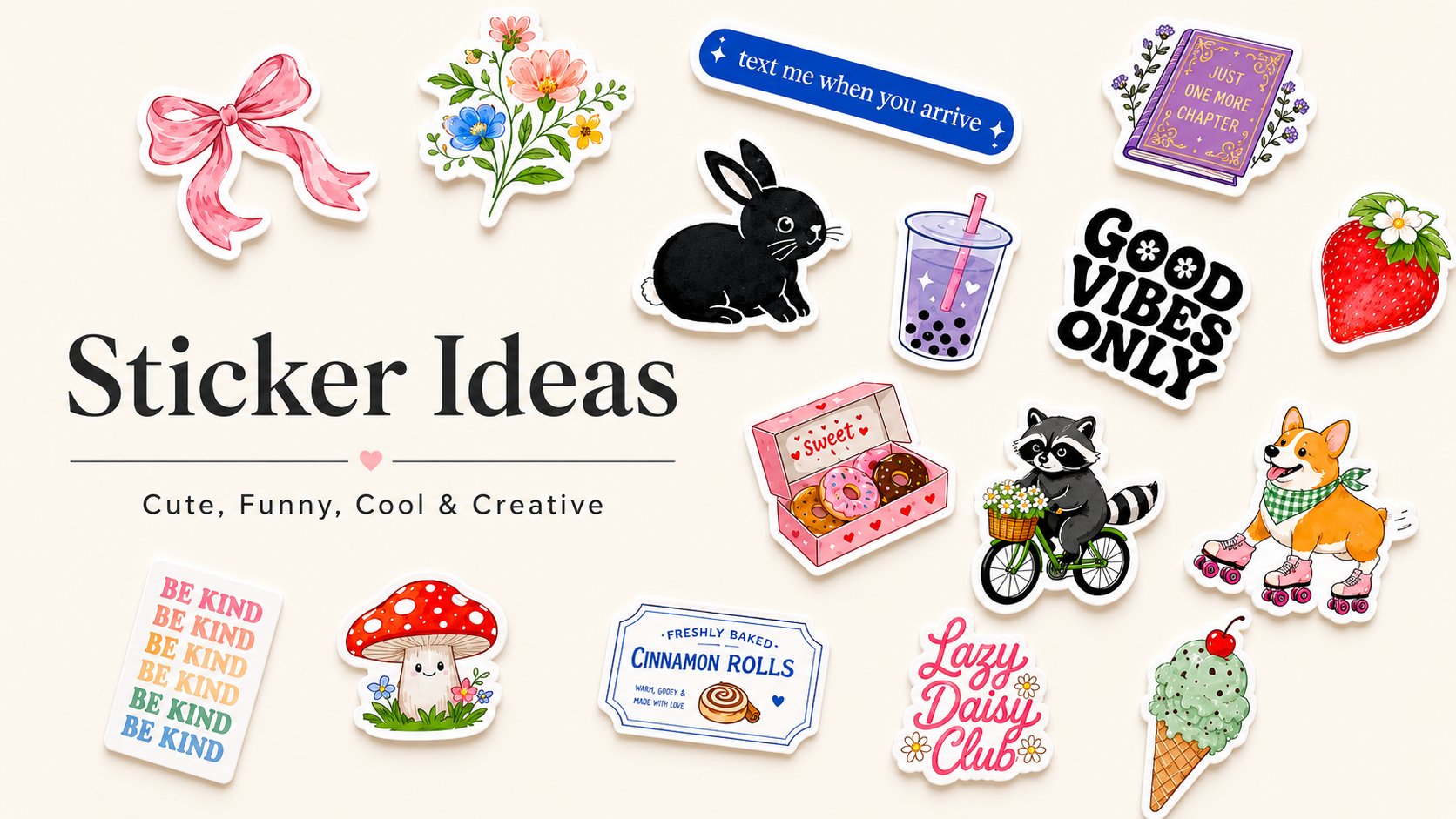 Sticker ideas cover with cute, funny, cool, and DIY sticker designs on a beige background