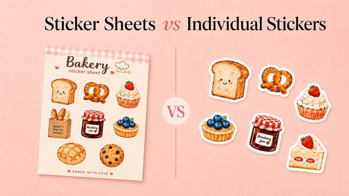 Sticker sheets vs individual stickers comparison with bakery themed custom stickers