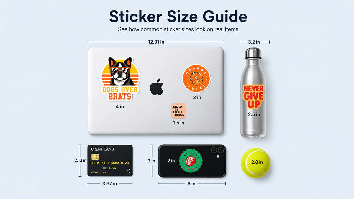 Cover image for Sticker Size Guide showing standard sticker sizes and best uses on everyday items like a laptop, bottle, phone, card, and tennis ball