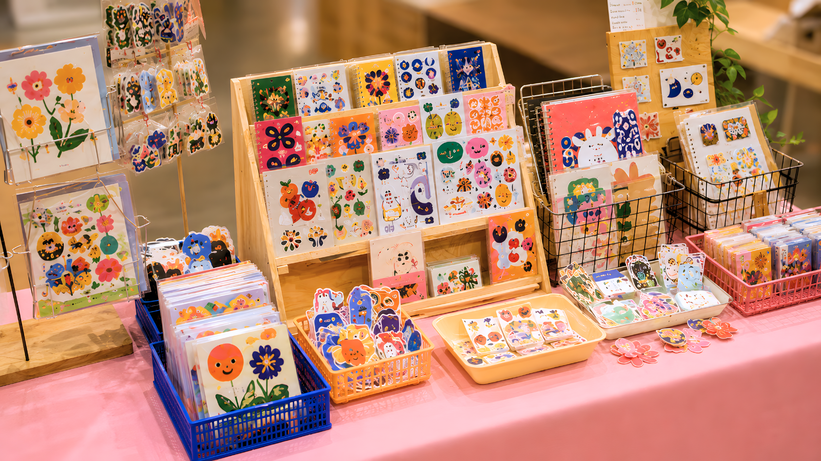 Art market sticker display showing die cut stickers, sticker sheets, and sticker packs for sale.