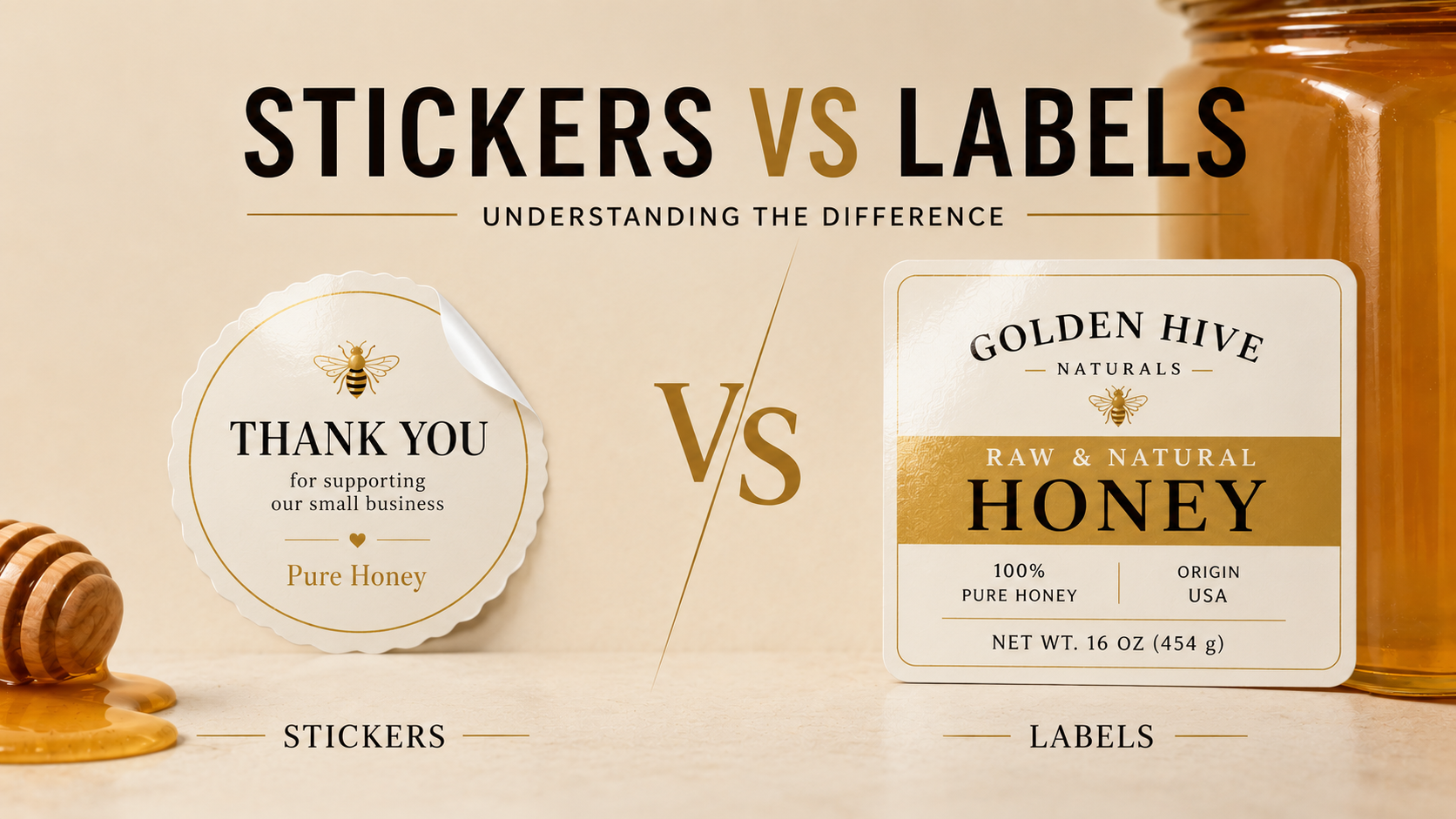 Side-by-side comparison of a thank you sticker and a honey product label for stickers vs labels