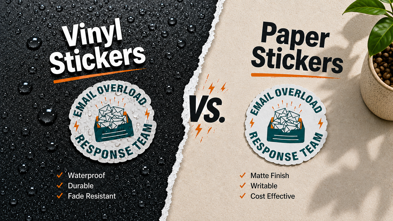 Vinyl stickers vs paper stickers comparison showing a waterproof vinyl sticker on a dark water droplet background and a matte paper sticker on a beige paper texture.