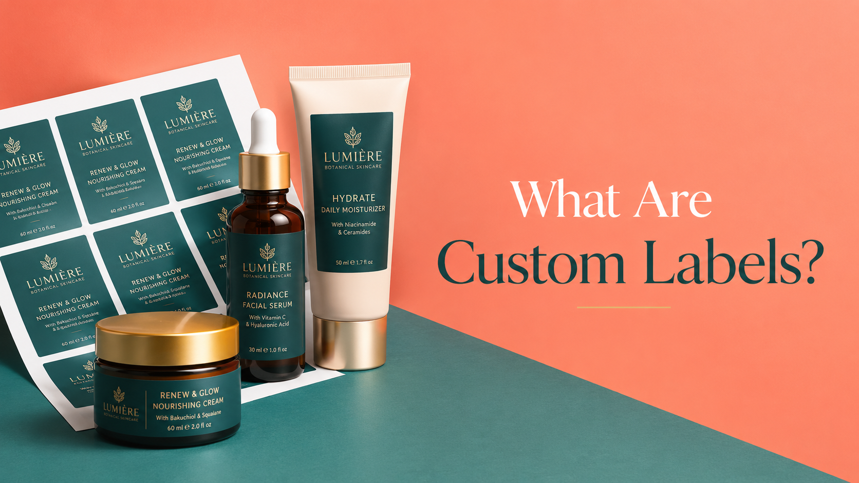 Custom labels for cosmetic packaging shown on label sheets, a dropper bottle, tube, and jar.