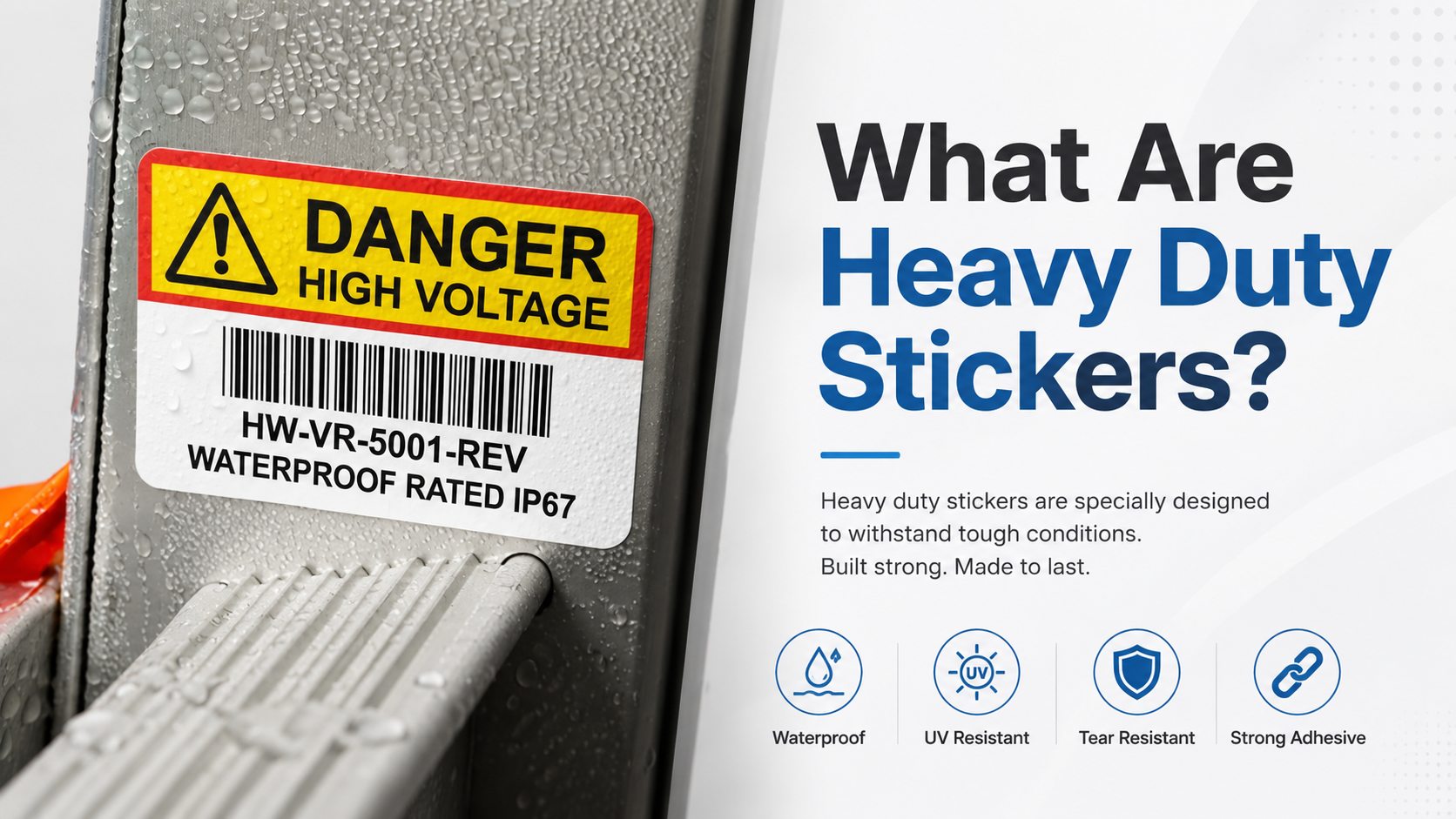 Heavy duty high voltage sticker on industrial equipment, highlighting waterproof, UV-resistant, tear-resistant, and strong adhesive features.