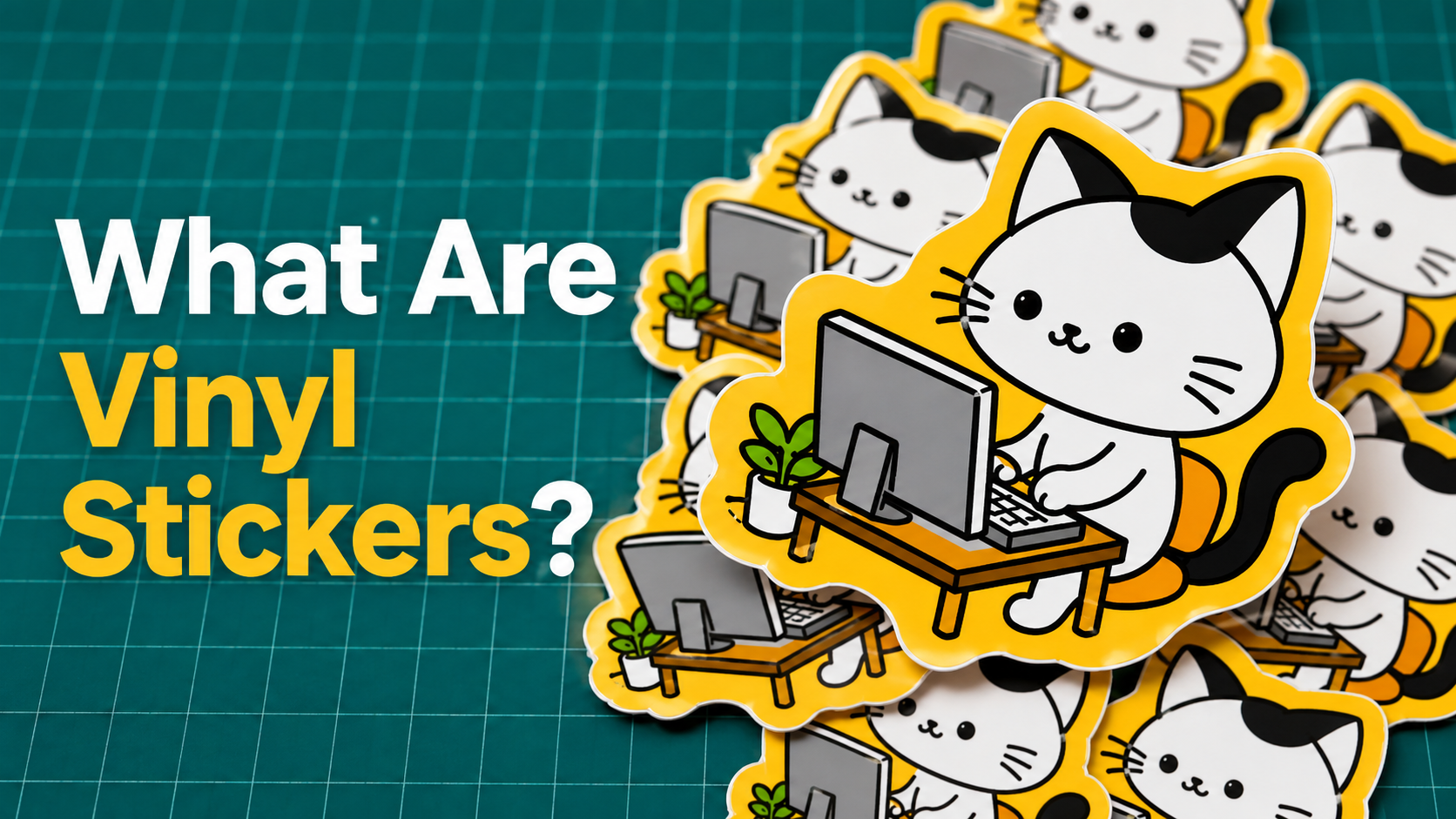 What are vinyl stickers? Cute cat computer vinyl stickers on a cutting mat with bold yellow borders and clean printed colors.
