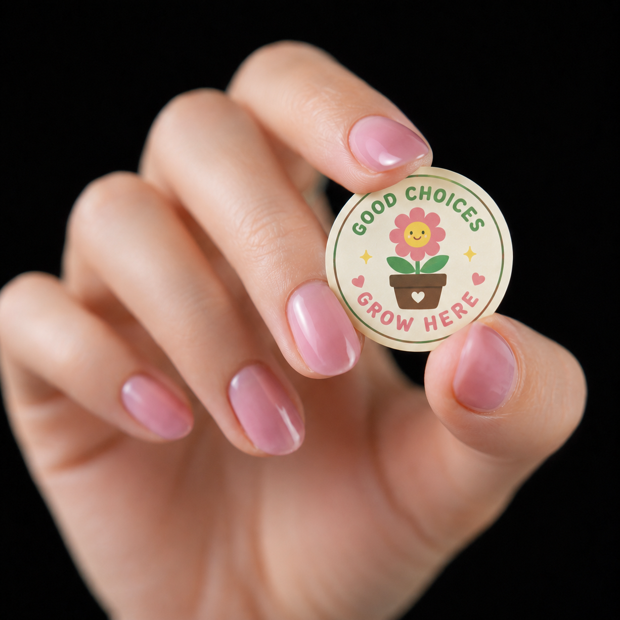 A single sticker with "Good Choices Grow Here" text and a flower icon, demonstrating high-quality round custom stickers with a matte finish.