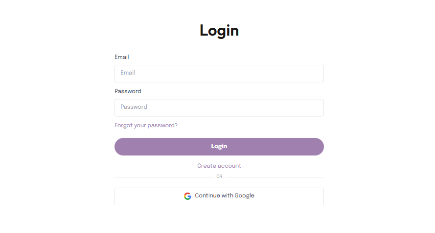 Login page with email and password fields, login button, and Google login option.