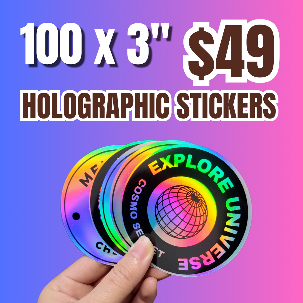 100 custom 3 inch holographic stickers for $49. A hand displays round reflective vinyl stickers with vibrant rainbow globe graphics perfect for custom branding, promotional packaging, and merch design.