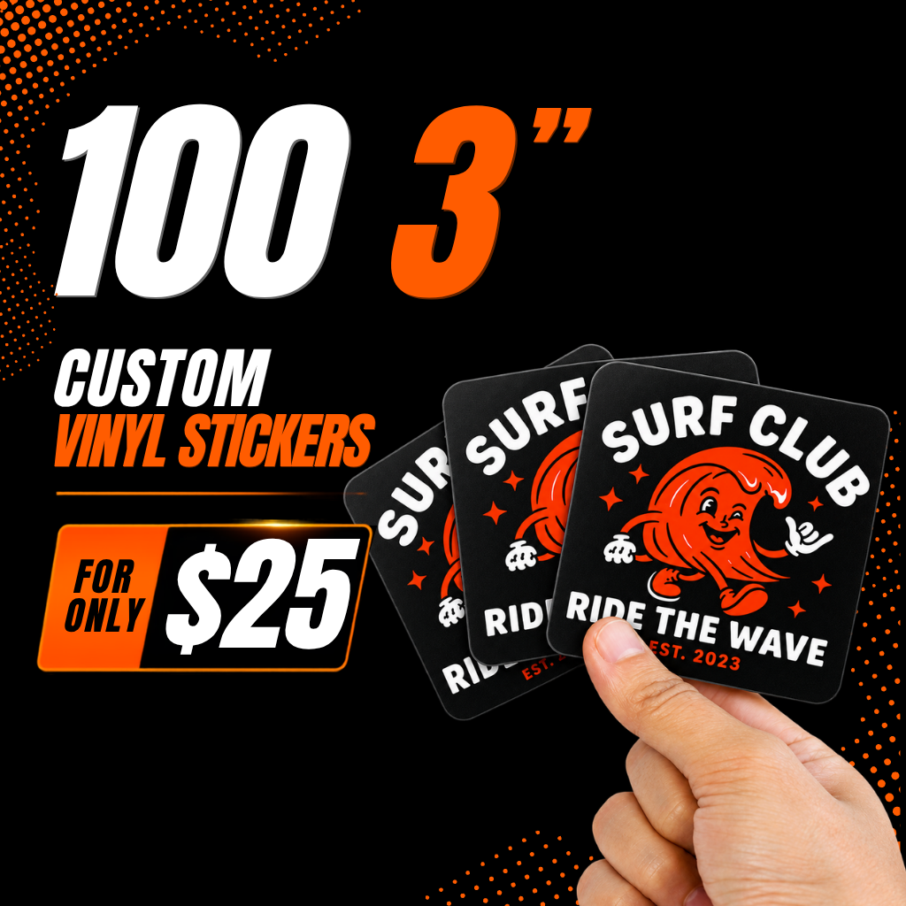 Promotional image showing 100 custom 3 inch vinyl stickers. A hand holds multiple square die cut stickers featuring a bold black and orange graphic design, highlighting custom sticker printing with consistent size and professional artwork.