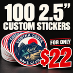 100 custom 2.5-inch stickers for $22, shown with a stack of round bass fishing club stickers.