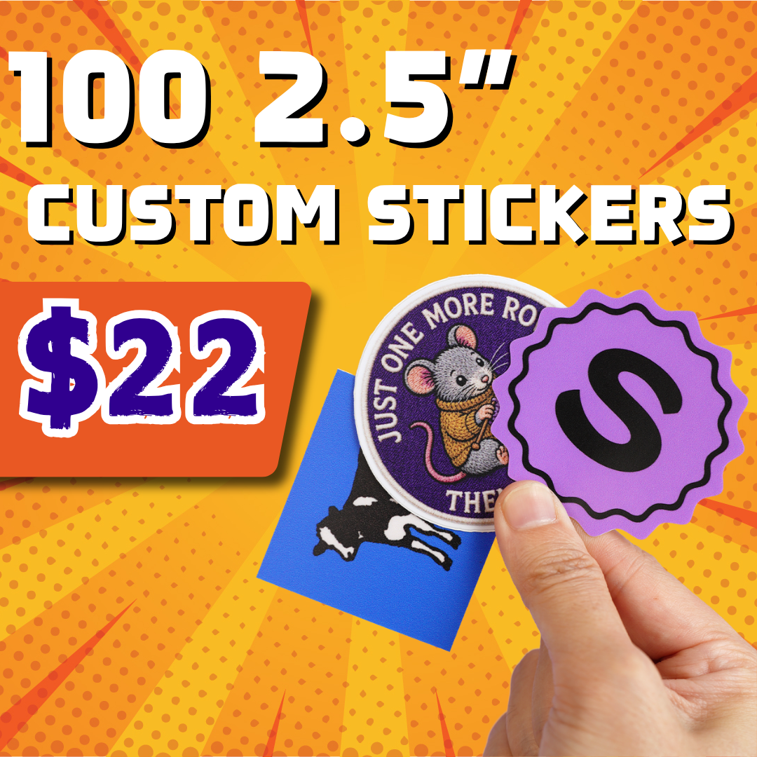 100 custom 2.5-inch stickers for $22, featuring colorful designs in assorted shapes.