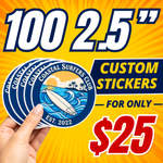 00 custom 2.5-inch vinyl stickers for $25, shown as blue surf club stickers held by hand on a bright yellow background.