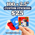 100 custom 2.5 inch vinyl stickers for $25, featuring vibrant die cut sticker designs held by hand against a blue radial background.