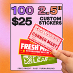 100 custom 2.5 inch vinyl stickers for $25, featuring colorful rectangular die cut business stickers held by hand with free digital proof.