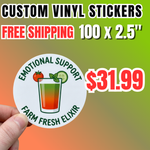 Promotional offer for 100 custom 2.5 inch vinyl stickers for $31.99 with free shipping. high quality printing in waterproof vinyl, any shape you want, perfect for logo branding, product packaging, and promotional use.