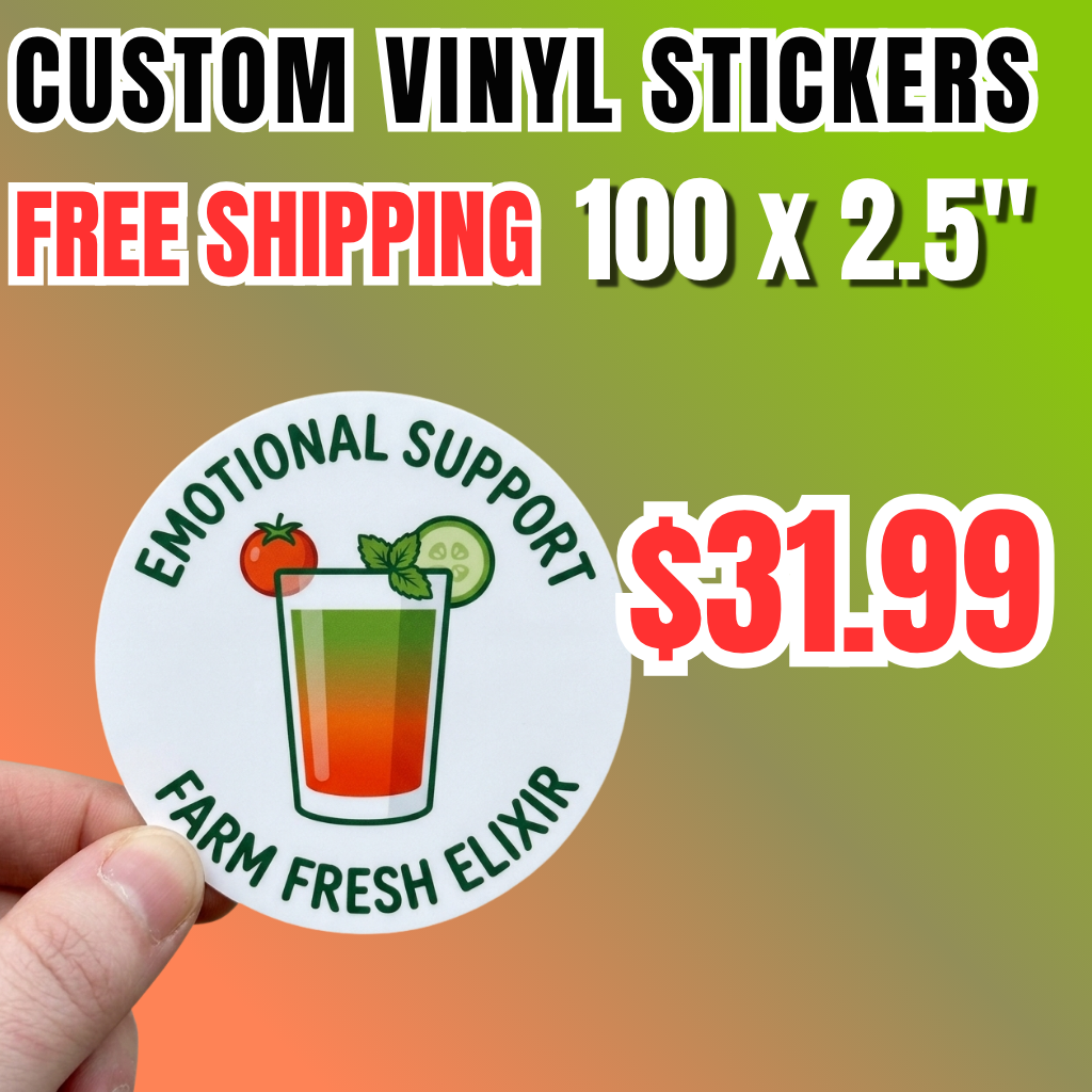 Promotional offer for 100 custom 2.5 inch vinyl stickers for $31.99 with free shipping. high quality printing in waterproof vinyl, any shape you want, perfect for logo branding, product packaging, and promotional use.
