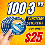 100 custom 3-inch vinyl stickers for $25, shown as blue surf club stickers held by hand on a bright yellow background.