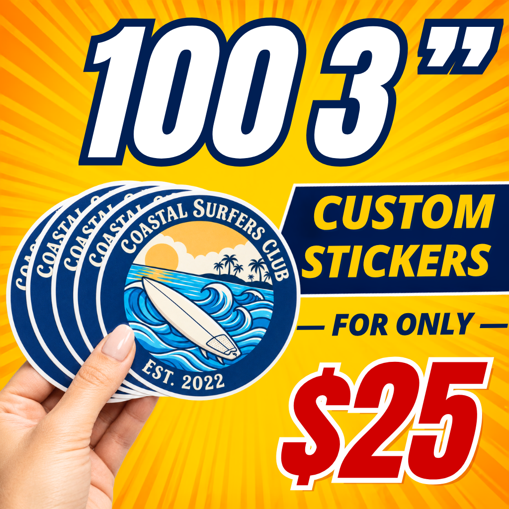 100 custom 3-inch vinyl stickers for $25, shown as blue surf club stickers held by hand on a bright yellow background.
