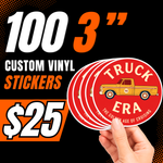 100 custom 3-inch vinyl stickers for $25, shown as red truck stickers held by hand on a black promotional background.